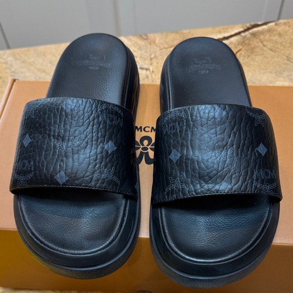 MCM Black Leather Slide Sandals